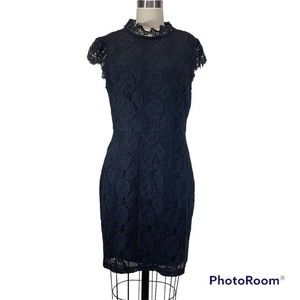 Lulu’s Short Black Lace High Neck Flutter Ruffle Body Con Mini Dress Size Large